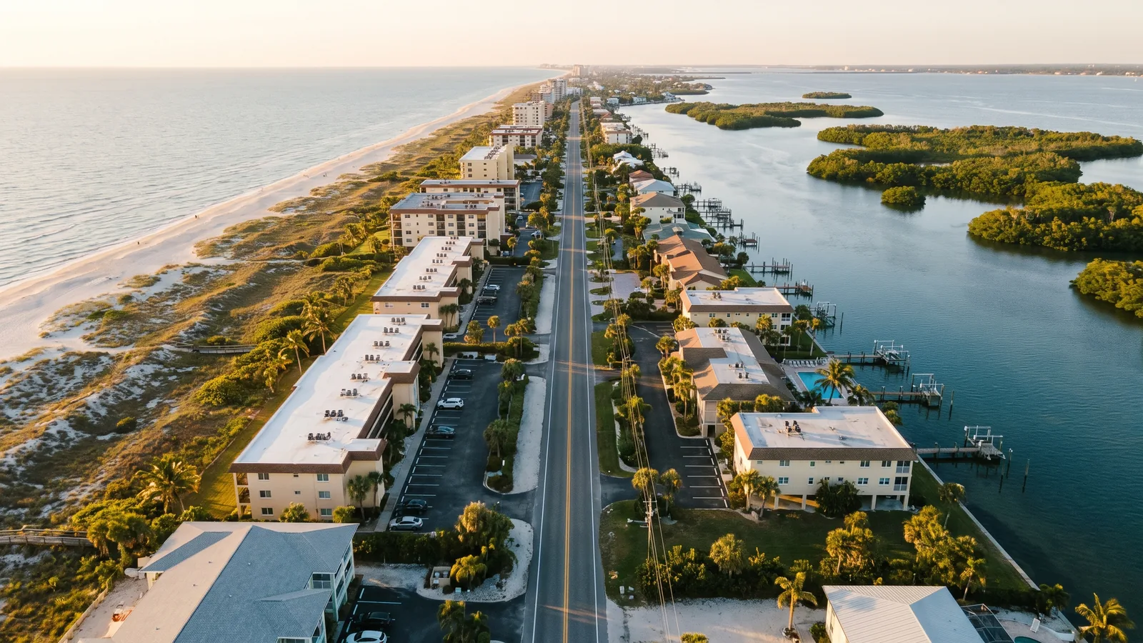 Luftaufnahme einer schmalen Barriereinsel in Florida: eine Straße, flache Wohnanlagen, der Golf auf der einen und die Bucht auf der anderen Seite
