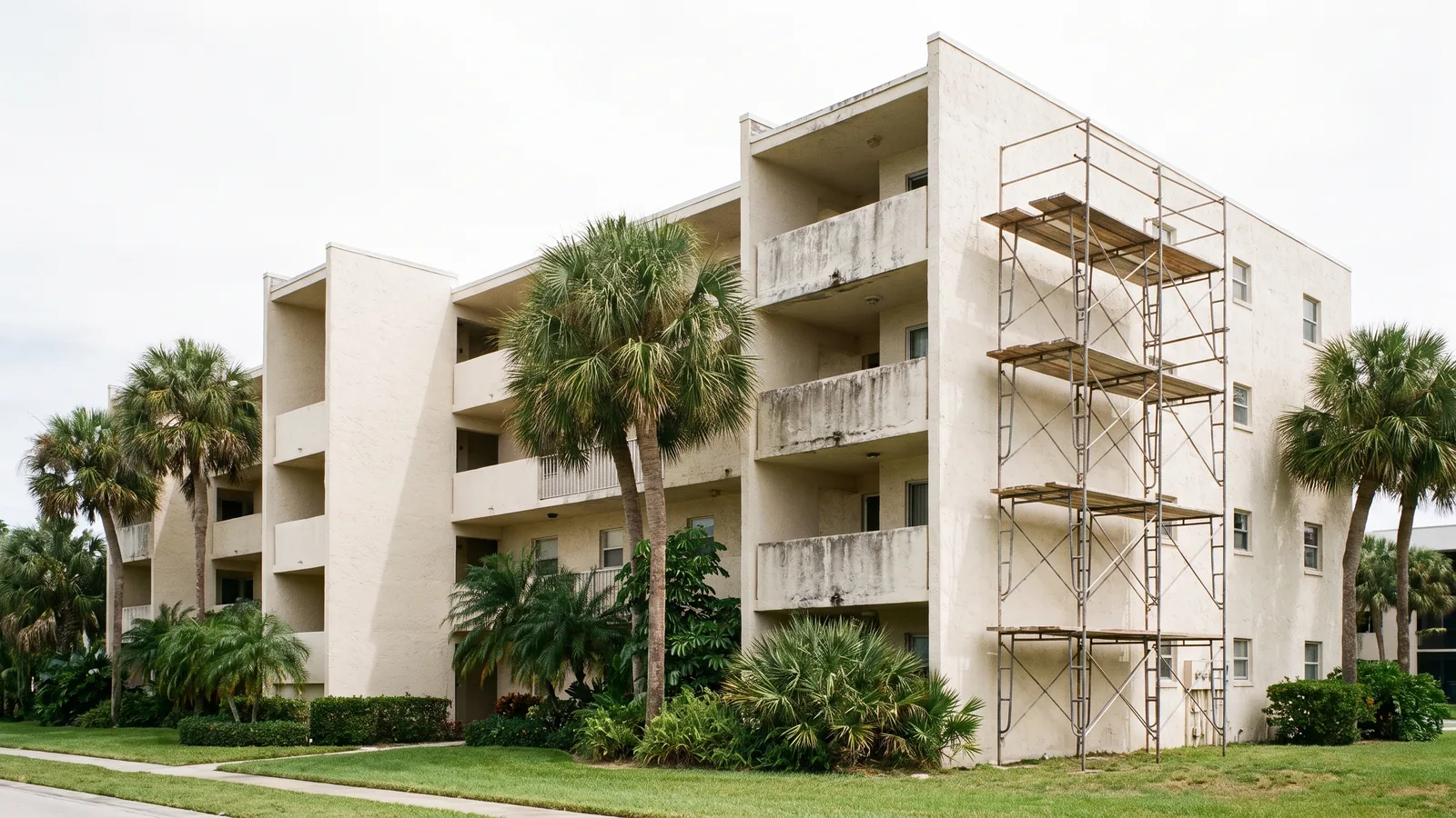 Mehrgeschossige Eigentumswohnanlage aus den späten siebziger Jahren an Floridas Golfküste, an einer Ecke eingerüstet