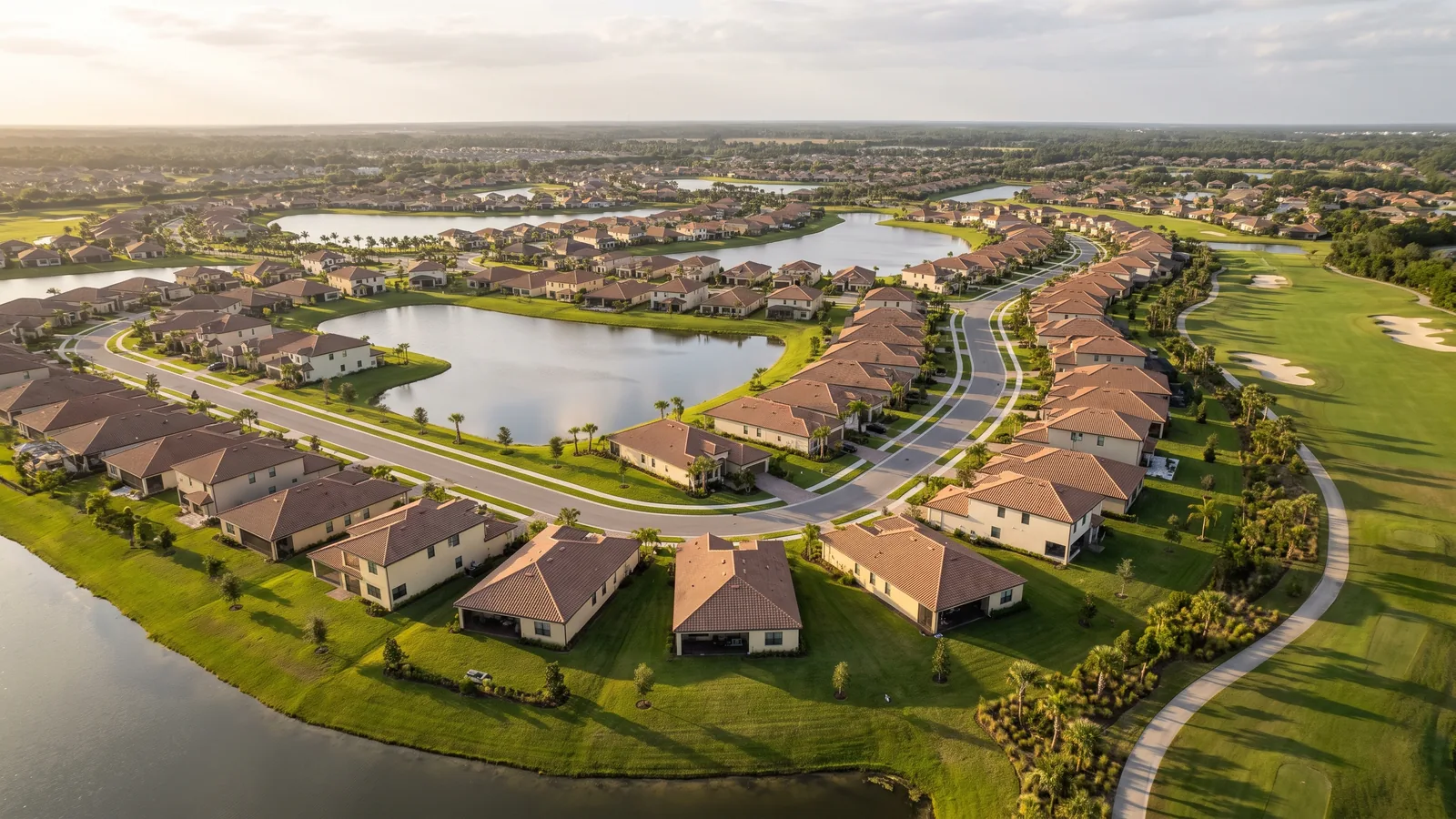 Luftaufnahme einer geplanten Wohnsiedlung in Florida mit Rückhaltebecken und Golfplatz