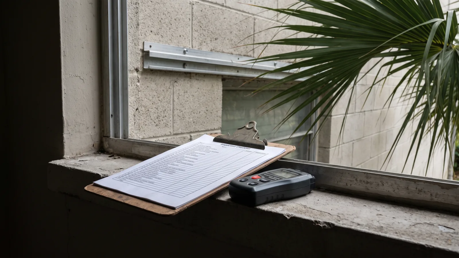 Checkliste und Feuchtemessgerät auf der Fensterbank bei einer Hausuntersuchung in Florida