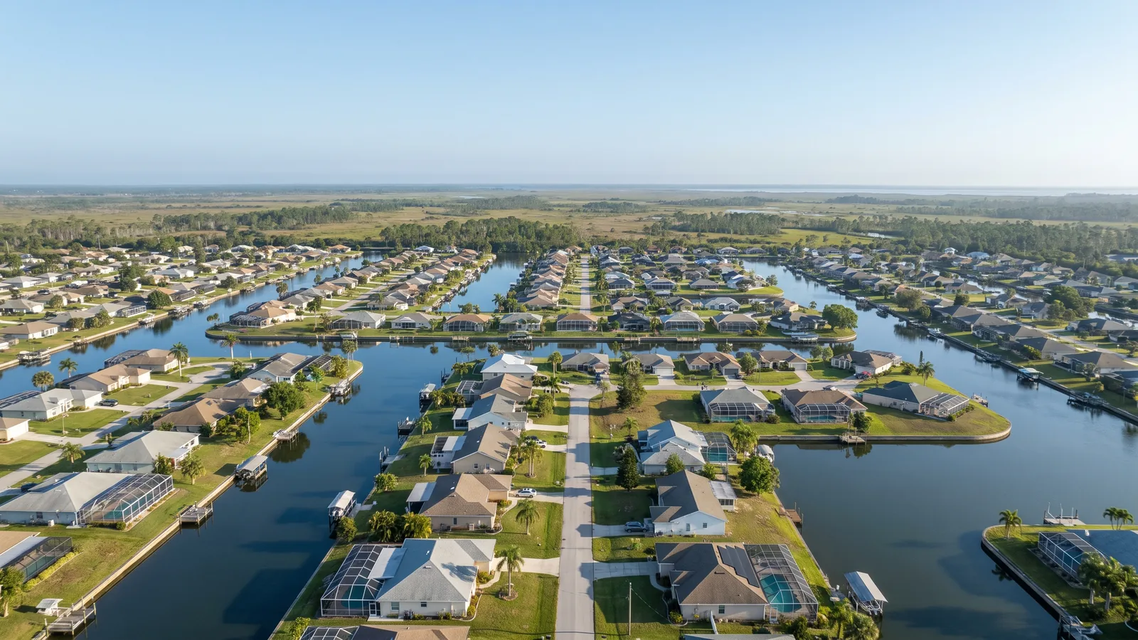 Luftaufnahme eines Kanalviertels an Floridas Golfküste mit Einfamilienhäusern an beiden Ufern