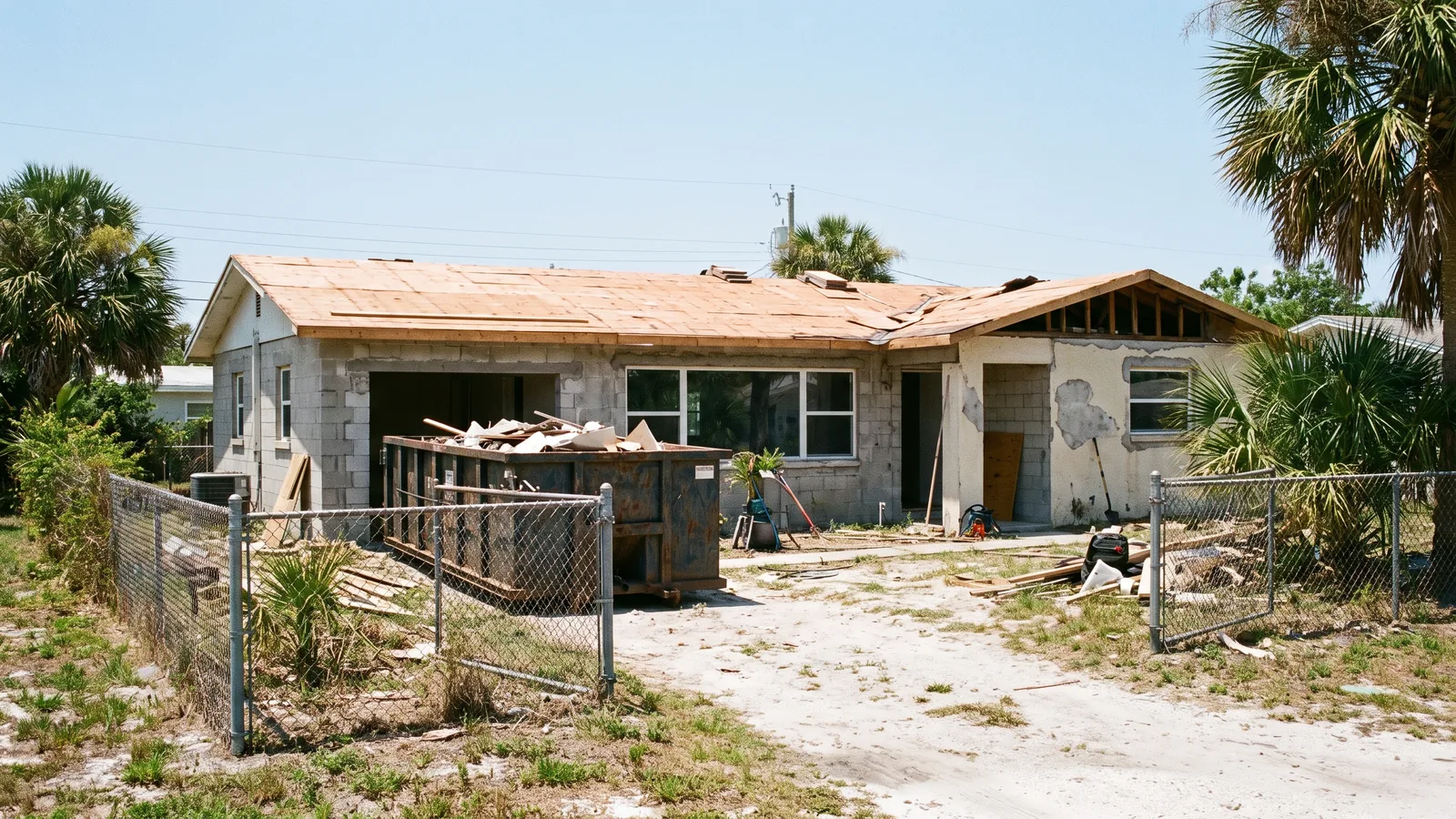 Älteres Küstenhaus in Florida während einer Sanierung: Dach teilweise abgedeckt, Container in der Einfahrt